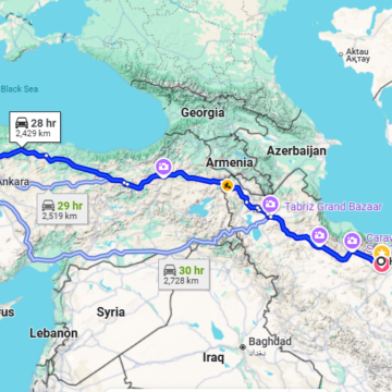 نقشه مسیر زمینی تهران به استانبول
