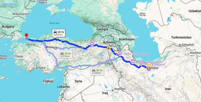 نقشه مسیر زمینی تهران به استانبول